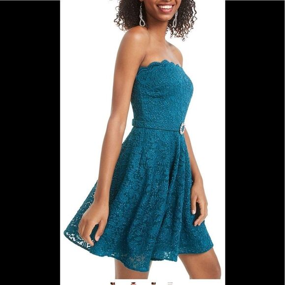 City Studio Lace Glitter Fit and Flare Dress Teal Large - Picture 1 of 16